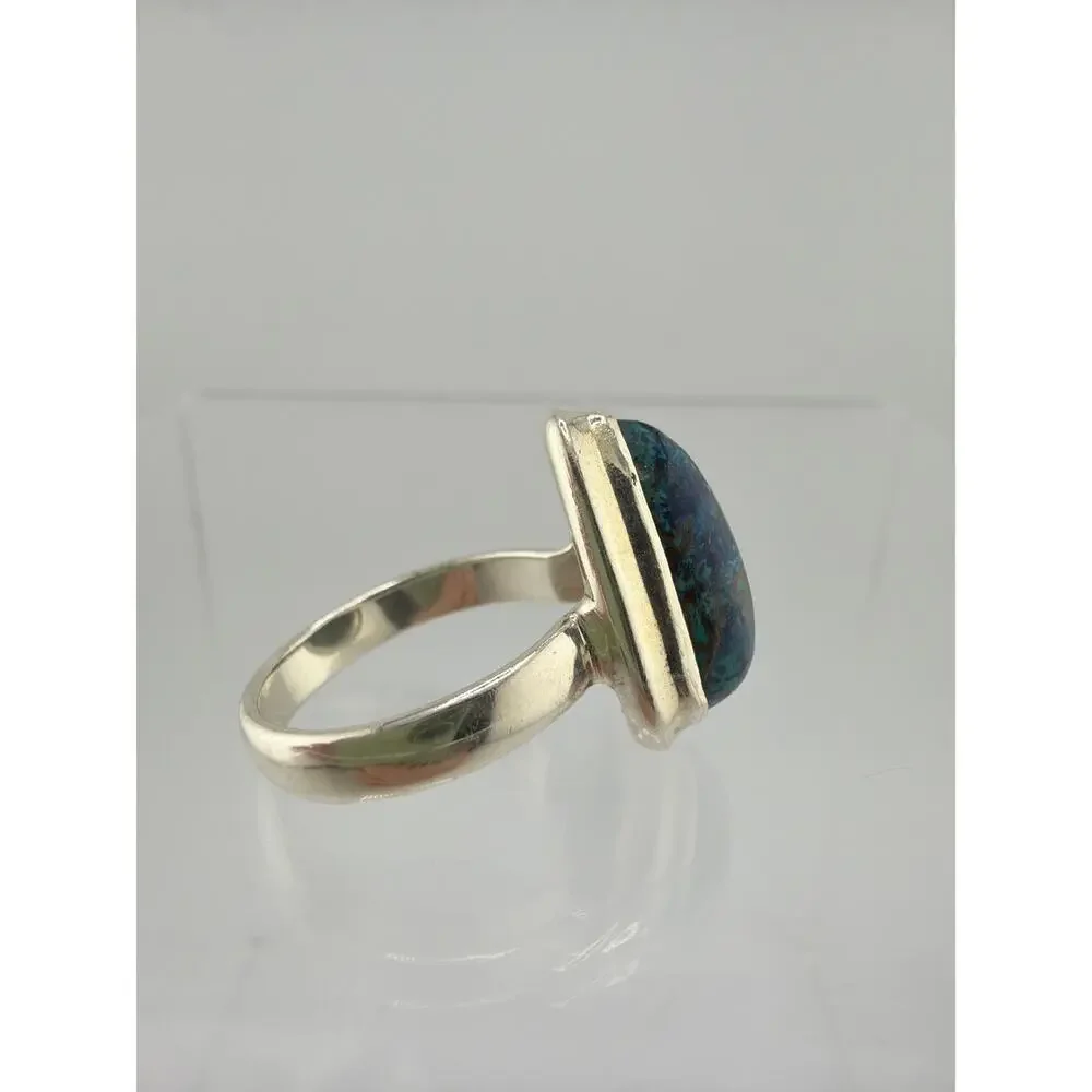 Teardrop Azurite Blue Green 925 Sterling Silver Statement Ring Size 7
